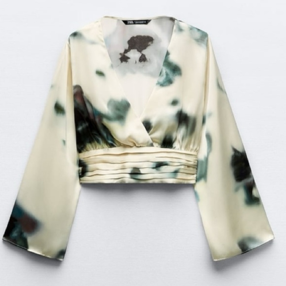 Zara Tiedye Silky Bell Sleeve cropped blouse Top L